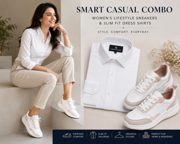 Urban Bespoke Smart Casual Combo – Women’s Lifestyle Sneakers & Slim Fit Dress Shirts